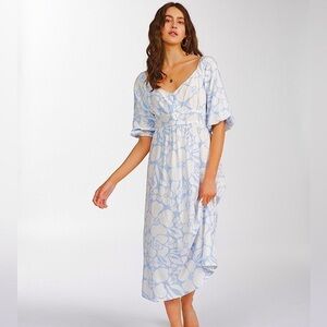 Billabong Salty Sea Blue Floral Puff Sleeve V Neck Midi Dress